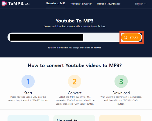 유튜브 음원 추출 사이트로 돌아와 붙여넣기한 뒤 START 버튼을 누릅니다.