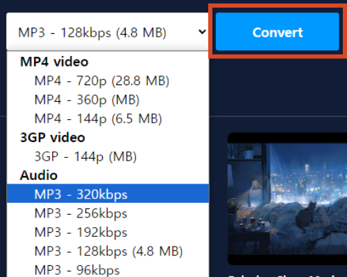 원하느 음질을 선택 후 CONVERT 버튼을 누릅니다.